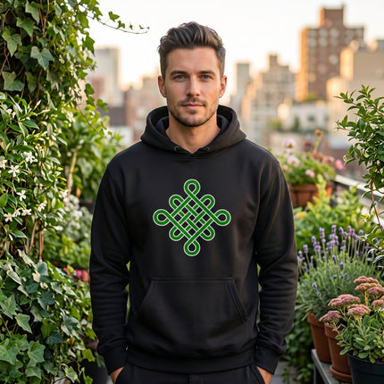 Green Celtic knot symbol graphic on a black unisex pullover hoodie.