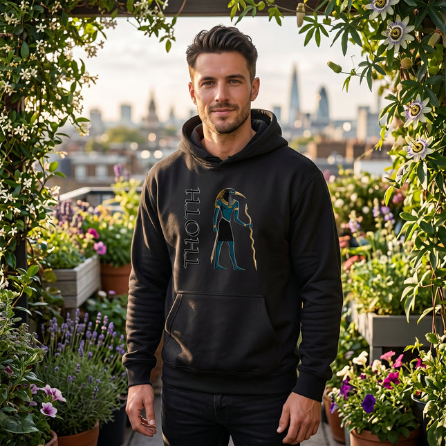 Black Thoth Egyptian god graphic hoodie featuring ancient Egyptian mythology art.