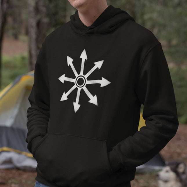 Black hoodie featuring a white eight-pointed chaos star occult symbol.