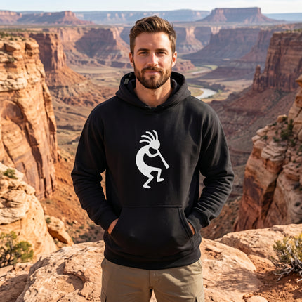 Kokopelli flute player design on a black unisex hoodie.