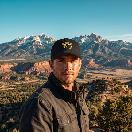 Black dad hat with embroidered Eye of Horus symbol. Egyptian mythology baseball cap.