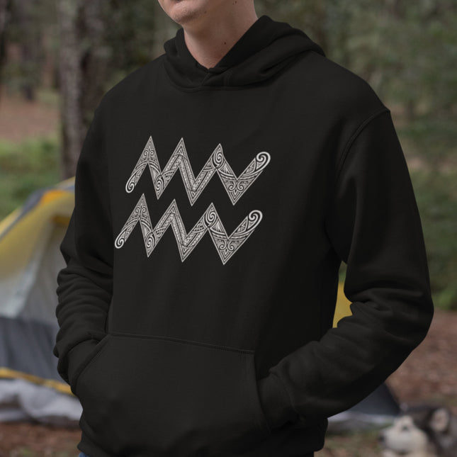 Aquarius zodiac symbol hoodie featuring an intricate tribal zigzag pattern.