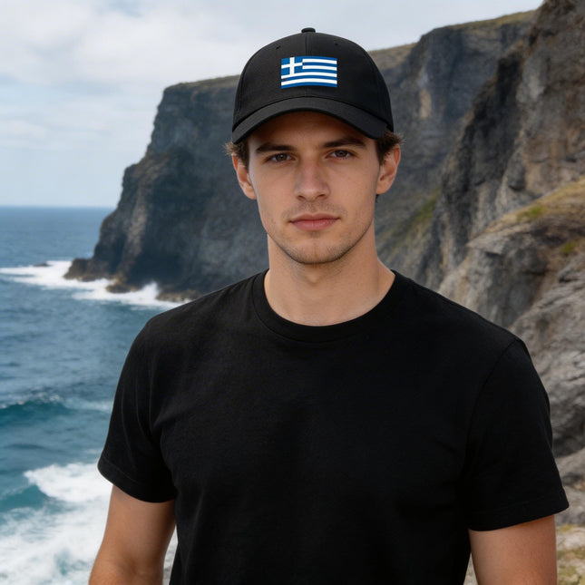 Black baseball cap featuring the Greek flag design. Greece national pride apparel.