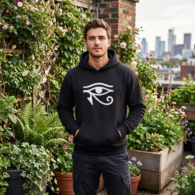 Black hoodie with Eye of Horus symbol. Ancient Egyptian protection graphic for streetwear apparel.