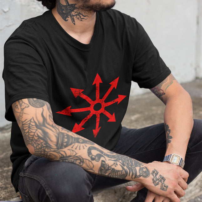 Celestial mythology t-shirt featuring a vibrant cosmic nebula and chaos star art print.
