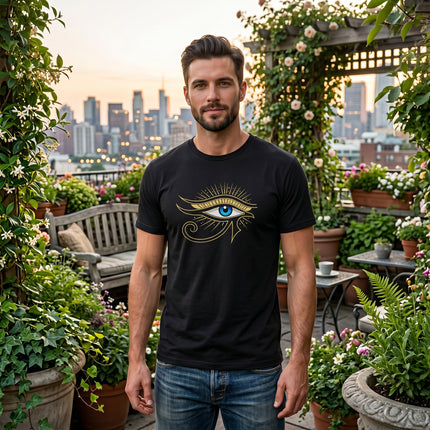 Black t-shirt featuring the golden Eye of Ra Egyptian symbol. Ancient protection graphic tee.