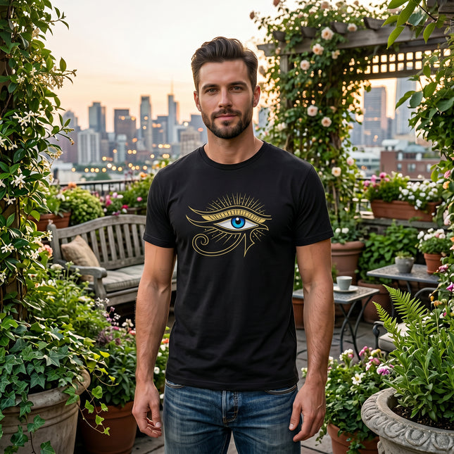Black t-shirt featuring the golden Eye of Ra Egyptian symbol. Ancient protection graphic tee.