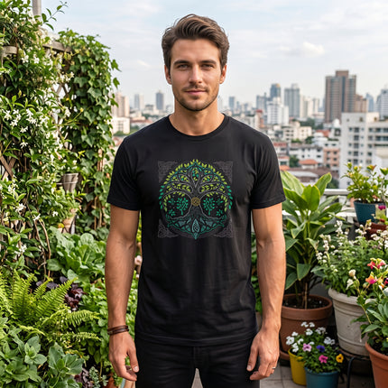 Celtic Tree of Life knotwork design on a black t-shirt featuring Yggdrasil mythology.