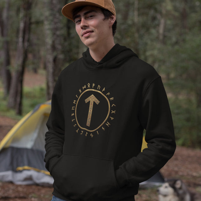 Dark hoodie featuring the Tiwaz Rune and a full circle of Norse runes.
