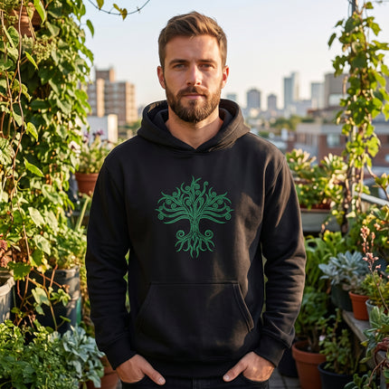 Green Celtic Tree of Life graphic on a black unisex hoodie. World tree design.