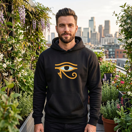 Black Eye of Horus graphic hoodie featuring the ancient Egyptian protection symbol.