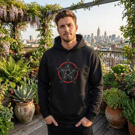 Black pentagram hoodie featuring a red occult pentacle graphic design.