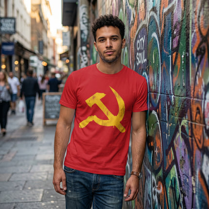 Red graphic t-shirt featuring a yellow hammer and sickle communist symbol.