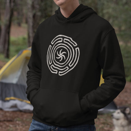White Hekate's Wheel Strophalos symbol on a black pagan goddess hoodie.