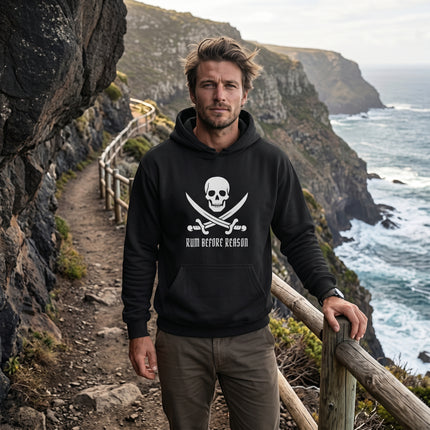 Black pullover hoodie with pirate skull, crossed swords, and "Rum Before Reason" graphic.