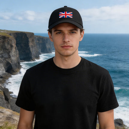 Black Union Jack baseball cap with British flag design.