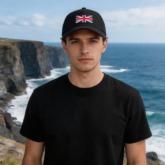 Black Union Jack baseball cap with British flag design.