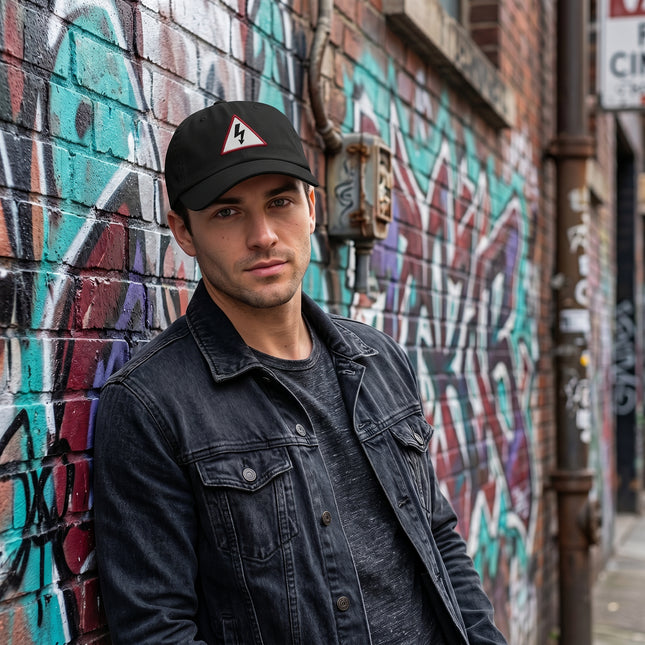 Black embroidered cap featuring a high voltage lightning bolt symbol.