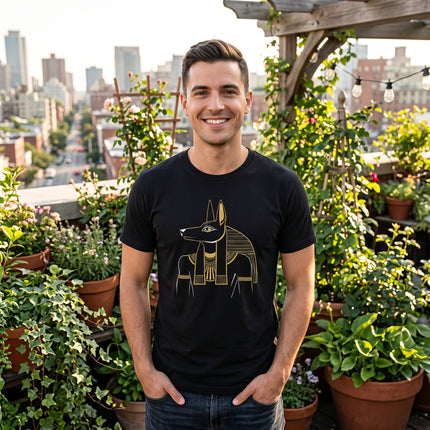 Minimalist Anubis Egyptian god graphic on a black t-shirt.