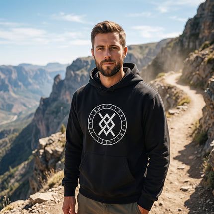 Black Norse rune hoodie featuring Odin's symbol and Elder Futhark runes.
