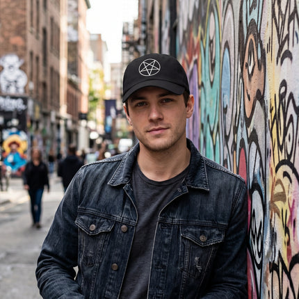 Black baseball cap with white embroidered pentagram symbol. Occult streetwear style accessory.