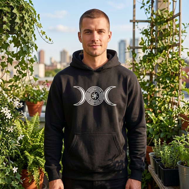 Black triple moon goddess hoodie featuring Hekate's Wheel symbol for pagan apparel.