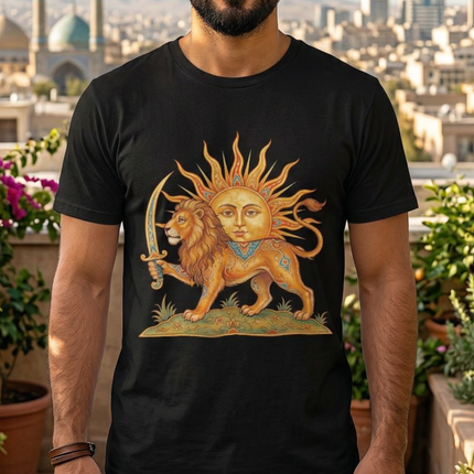 Persian Lion and Sun (Shir-o-Khorshid) symbol graphic on a black t-shirt.