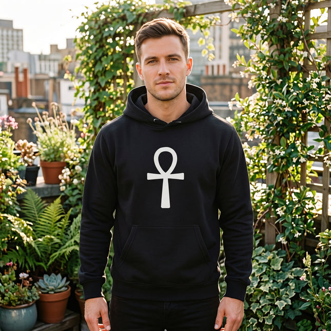 Black Ankh symbol graphic hoodie. Ancient Egyptian Key of Life design.