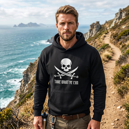 Black hoodie featuring a pirate skull and crossed sabers graphic with the "Take What Ye Can" quote.