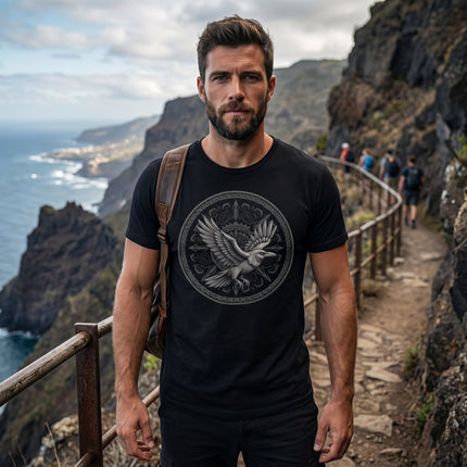 Black t-shirt with Norse raven graphic, featuring detailed Viking mythology art.