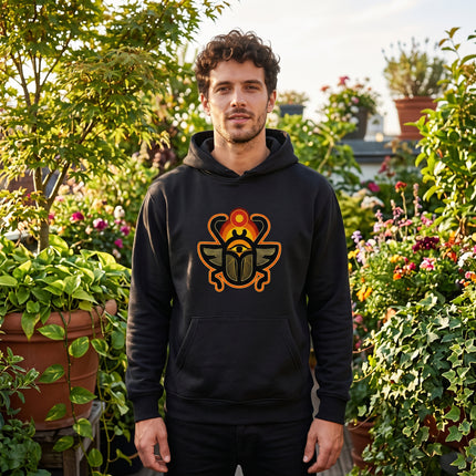 Black Khepri Scarab hoodie featuring ancient Egyptian mythology design.