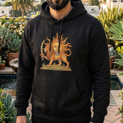 Lion and Sun Persian symbol graphic on a black hoodie. Iranian heritage apparel.