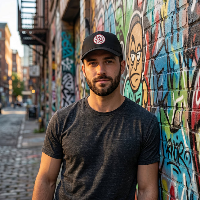 Black embroidered baseball cap featuring a radioactive atom symbol for science enthusiasts.