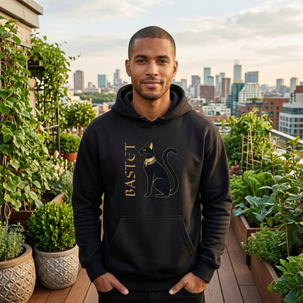 Black Bastet cat graphic hoodie featuring Egyptian goddess art and text.