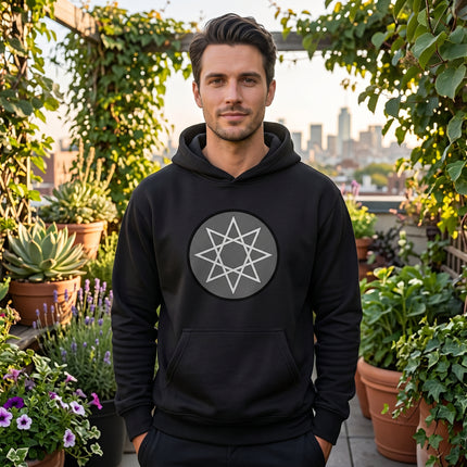 Black hoodie featuring a minimalist sacred geometry octagram symbol.