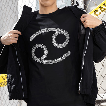 Black t-shirt featuring an intricate white Cancer zodiac symbol and tribal astrology design.