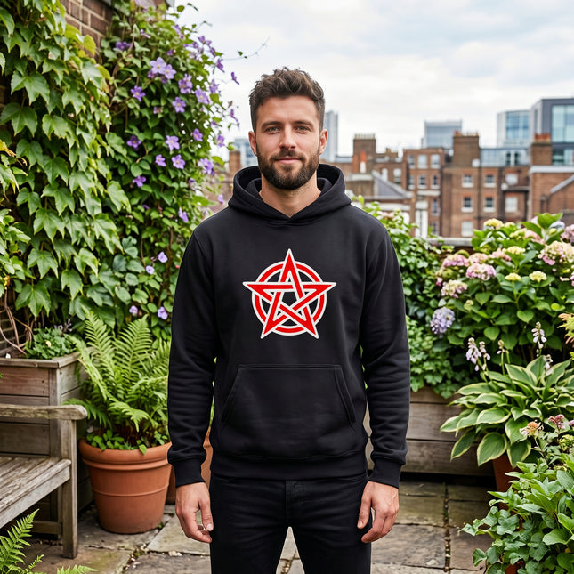 Black hoodie featuring a red pentagram symbol graphic. Occult mystical streetwear apparel.