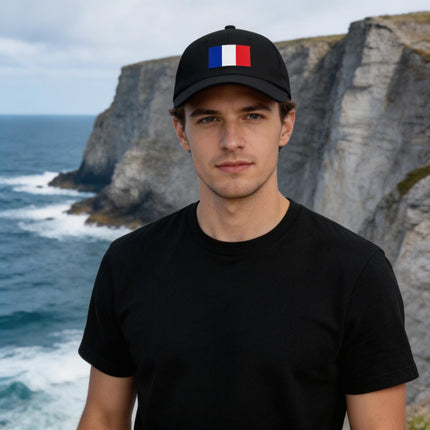 Black baseball cap featuring the French Tricolor flag design. Casual streetwear headwear.