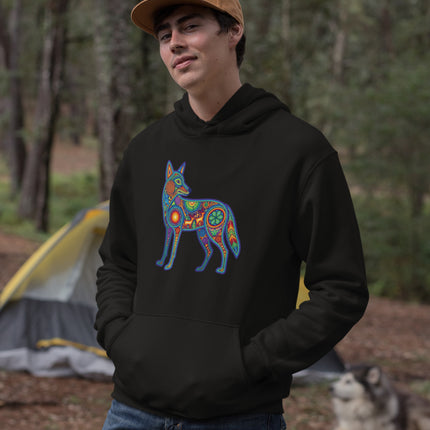 Colorful Huichol coyote art pullover hoodie featuring vibrant indigenous Mexican folk designs.