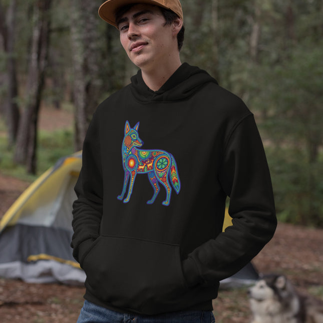 Huichol Coyote Hoodie | Colorful Indigenous Mexican Folk Art Pullover Hoodie