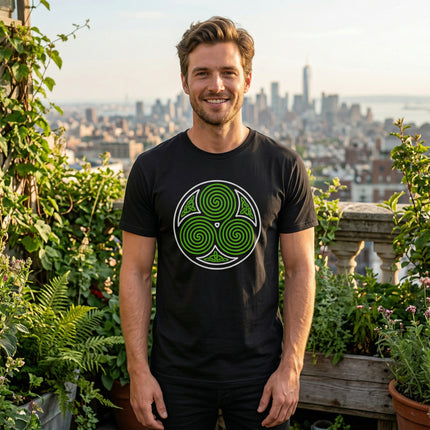 Celtic Triskelion triple spiral knot graphic on a black unisex t-shirt.
