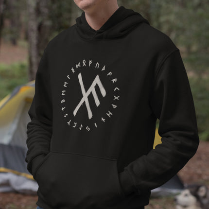 Viking rune hoodie with Elder Futhark alphabet and protective Norse symbols.