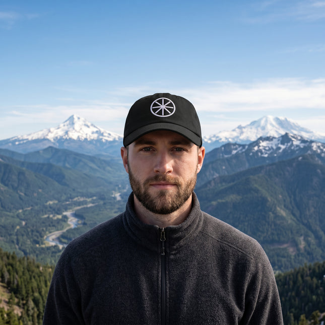 Black embroidered dad hat featuring the white Celtic Wheel symbol.