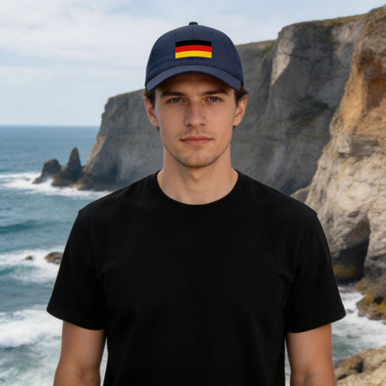 Black baseball cap featuring the German flag. Patriotic Deutschland style hat.