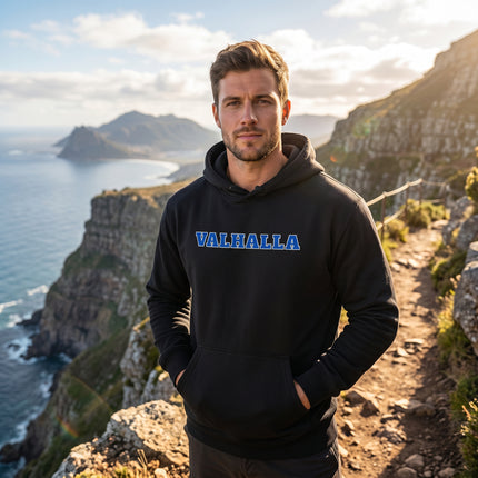 Black Valhalla Norse graphic hoodie featuring bold blue text. Unisex Viking mythology apparel.