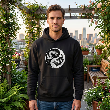Dragon Yin Yang graphic hoodie design, featuring twin serpentine dragons symbolizing power and balance.