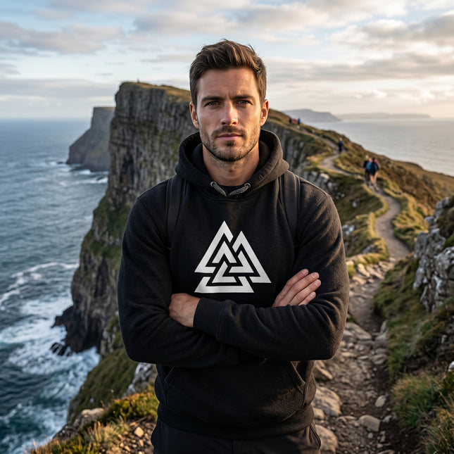 Black hoodie with white Valknut symbol, featuring Norse Viking mythology design.