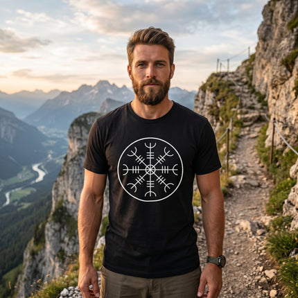 Aegishjalmur Norse symbol graphic tee on a black t-shirt. Viking mythology apparel.