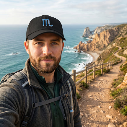 Black embroidered baseball cap featuring the blue Scorpio zodiac sign symbol.