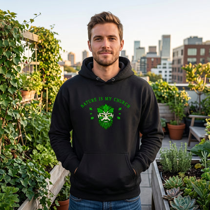 Nature Is My Church Green Man graphic on a black spiritual hoodie for pagan apparel.